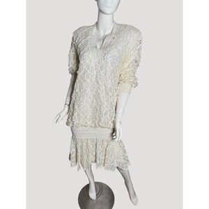 Vintage Damianiou Dress Medium White Iridesce Sequin Lace Drop Waist Flapper 80s